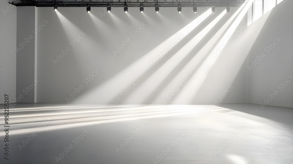 Poster bright studio space with soft light beams creating a serene ambiance. perfect for photography and ar