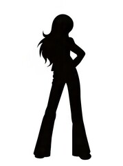 Silhouette of a confident woman with long hair and flared jeans.