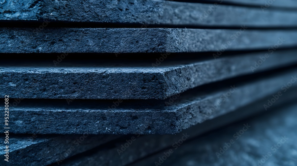 Poster close-up view of stacked blue slate tiles, showcasing texture and color variations, perfect for arch