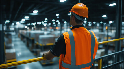 A warehouse supervisor overseeing operations on a mezzanine level, looking out over the bustling activities below, emphasizing management and coordination.