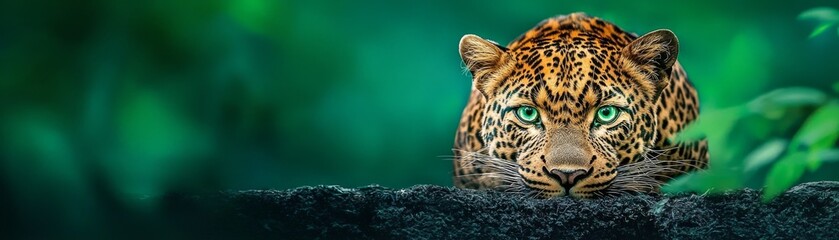 Obraz premium A striking close-up of a leopard peering curiously, showcasing its vibrant fur and intense gaze against a lush green background.