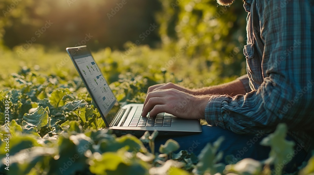 Aufkleber enhancing crop productivity farmer analyzing and optimizing smart farming techniques on laptop : gen