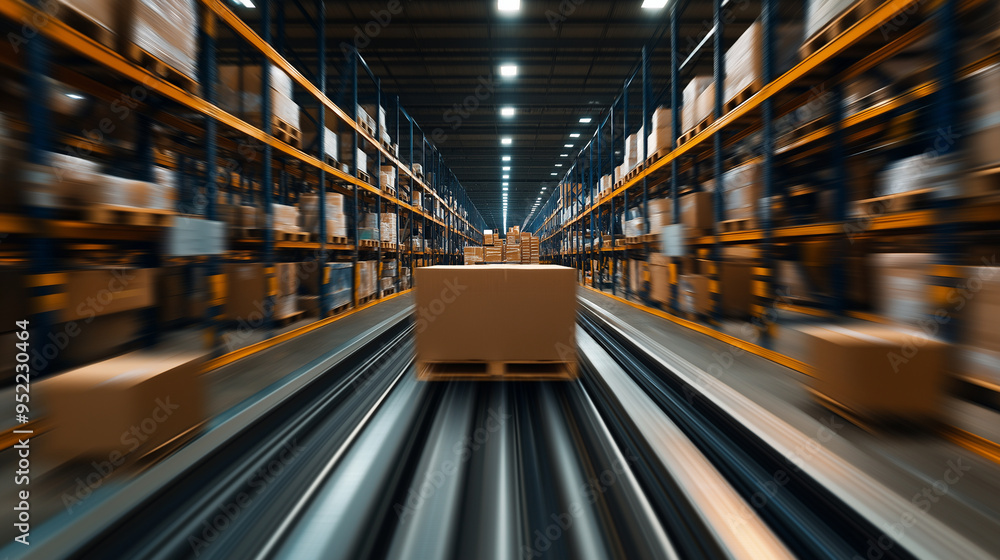 Poster an overhead conveyor system moving packages through the warehouse, emphasizing the speed and efficie