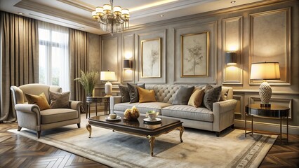 Elegant sitting area embodies understated sophistication, featuring plush cream sofa, velvet armchair, and marble coffee table against golden glow, subtle silver accents, and plush beige carpet.