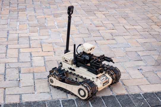 Kyiv, Ukraine - August 25, 2024: Unmanned military robot. Modern ground tactical robot. Armed forces of Ukraine. EOD unmanned military drone robot for army defense. Military equipment fair