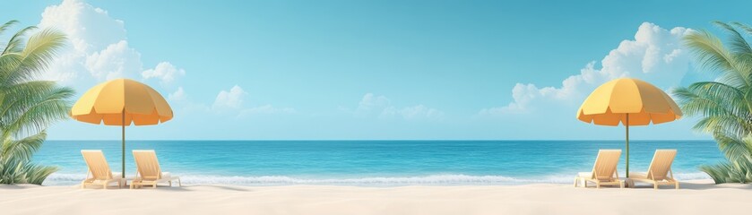 Fototapeta premium Tranquil beach view with yellow umbrellas and lounge chairs under a clear blue sky, perfect summer vacation destination.