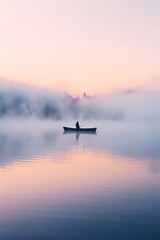 Serene Lake at Dawn with Mist and Lone Fisherman Boat Capturing Tranquility and Freedom