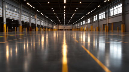 Obraz premium A large open space within a warehouse, ready for incoming shipments, with freshly marked storage zones on the floor.