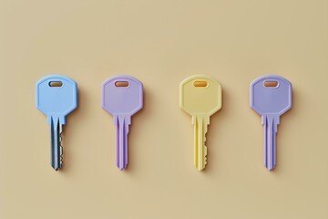 flat lay of colorful keys on a beige background, minimal concept, flat layout and clean pastel color palette with purple hues for real estate business