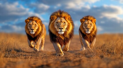 Three majestic lions stride confidently across a golden savanna under a blue sky, showcasing their strength and regal beauty.