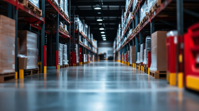 A modern warehouse featuring flexible storage solutions, with movable racks and modular shelving units, ideal for dynamic inventory needs.