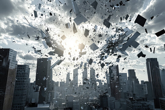A City Implodes: Skyscrapers crumble into a chaotic vortex of debris, leaving a trail of destruction in its wake.