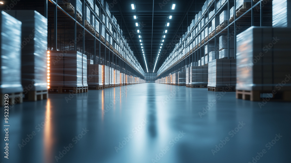 Poster a modern warehouse with rows of neatly stacked pallets illuminated by bright led lighting, showcasin