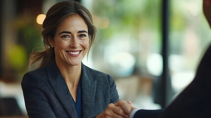Happy mid aged business woman manager handshaking greeting client in office Smiling female executive making successful deal with partner shaking hand at work standing at meeting table : Generative AI
