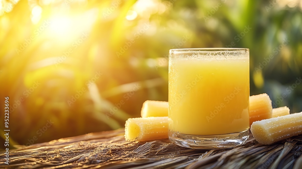 Poster fresh squeezed sugar cane juice with sugar cane plantation farming background : generative ai