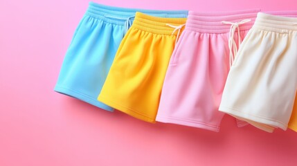 Colorful athletic shorts aligned on a pastel backdrop, perfect for summer fashion and casual sportswear inspiration.