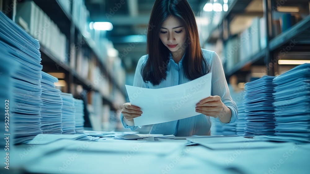 Poster document management concept businesswomen check electronic documents on digital documents on virtual