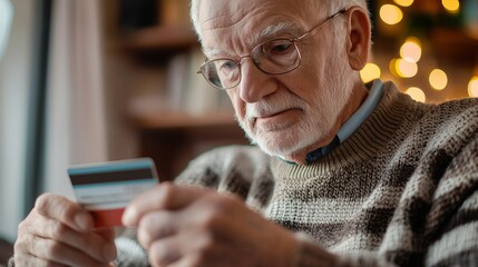 Elderly man scrutinizing credit card, highlighting vulnerability to senior financial scams.