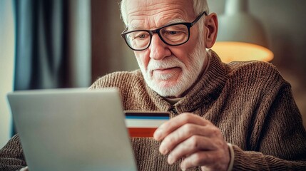 Elderly man with credit card and tablet, highlighting vulnerability to online scams and elder fraud.