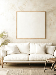 Modern design in light colors and empty poster frame. Interior design of modern living room 