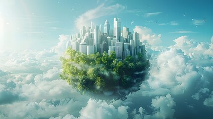 Futuristic Floating Utopian Cityscape in the Sky with Lush Green Ecosystem