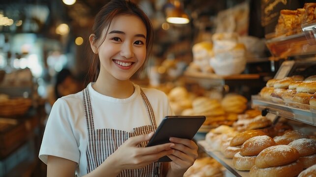 Portrait of happy asian female baker standing in own bakery tapping on tablet device and speaking on smartphone Female worker talking on mobile phone with client Bakehouse concept : Generative AI