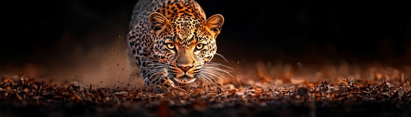 Obraz premium A stunning close-up of a leopard prowling through a forest, showcasing its vibrant fur and piercing gaze in a dramatic setting.