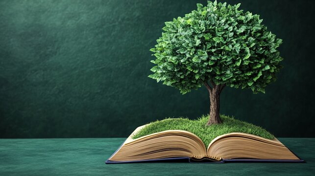 Illustration of a tree growing out of a book, symbolizing environmental knowledge