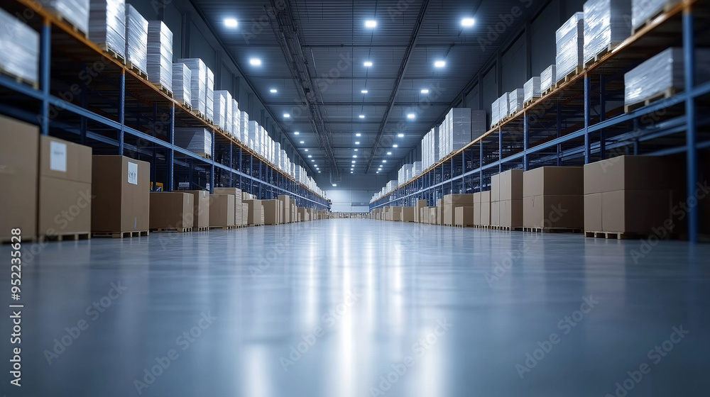 Poster a modern warehouse with smart lighting systems that adjust brightness based on activity and time of 