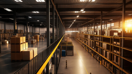 Obraz premium A view of a mezzanine level in a large warehouse, providing additional storage space and an overview of the operations below.