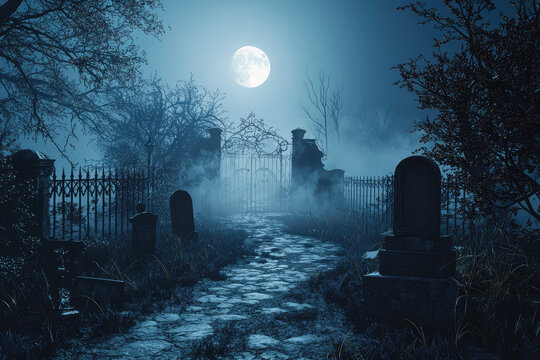 A haunting path winds through a moonlit graveyard, shrouded in mist, leading towards a wrought-iron gate.