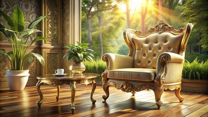 Obraz premium Golden light filters through lush greenery, casting opulence on a vintage armchair, its carvings glinting against worn floorboards. Worn floorboards heighten 