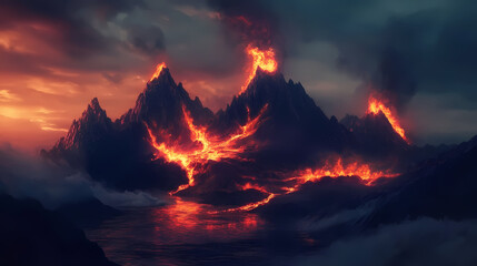 Dark fantasy mountain landscape, fire in the hills, volcano eruption, made with generative ai. Mountain. Illustration