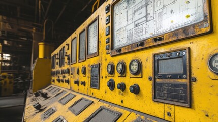 Vintage Yellow Control Panels with Sensors and Dials in Abandoned Mine