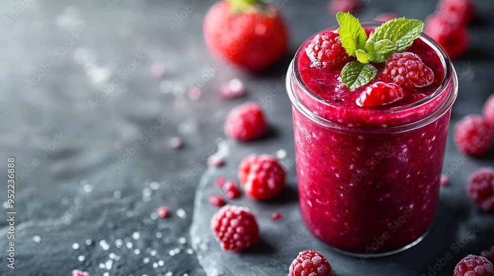 Poster healthy red berry smoothie in a glass jar on a grey background : generative ai