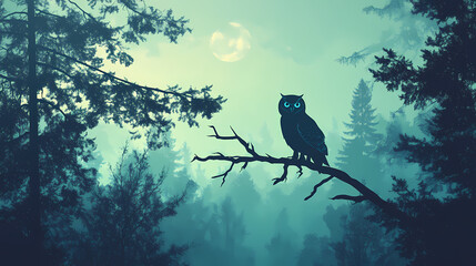Fototapeta premium Mystical owl silhouette perched on a branch in a foggy forest, nocturnal bird in a moonlit pine woodland, teal and blue atmospheric night landscape