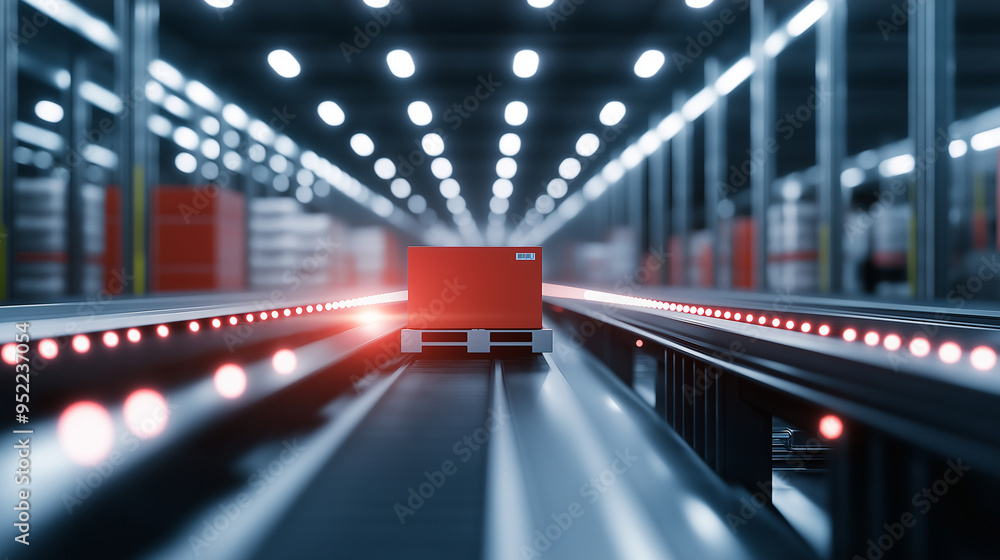 Poster a sleek, modern warehouse with automated sorting systems, rapidly processing incoming and outgoing g