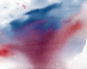 Blue and red hand-painted watercolor background with smudges and spots. Beautiful abstract textured background. Textured paper.