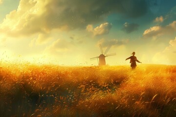 Fototapeta premium Serene Open Field with Windmill and Joyful Person Running Through Tall Grass at Sunset
