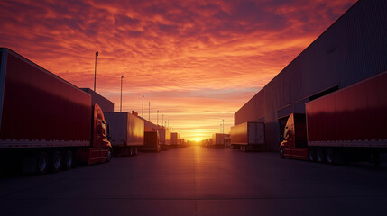 Fototapeta premium A time-lapse of the sunrise over a modern warehouse, with trucks arriving and the dayâs operations beginning, symbolizing the start of a productive day.