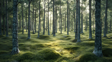 Obraz premium Scandinavian forest with many trees, lots of green moss made with generative ai. Forest. Illustration