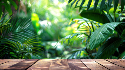 Wooden deck foreground with vibrant tropical jungle vegetation in background, showcasing lush green leaves and plant life. perfect for naturerelated designs, posters, or backgrounds.