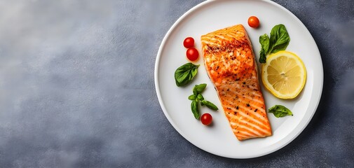 Delicious grilled salmon fillet served with fresh herbs, cherry tomatoes, and lemon slice on a white plate.