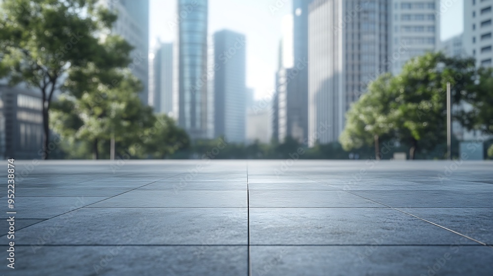 Poster empty concrete floor in front of modern buildings in the downtown street : generative ai