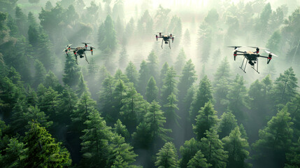 Fototapeta premium Drones hover above misty, evergreen forest, creating juxtaposition of nature and technology. soft sunlight filters through trees, enhancing serene, futuristic atmosphere.