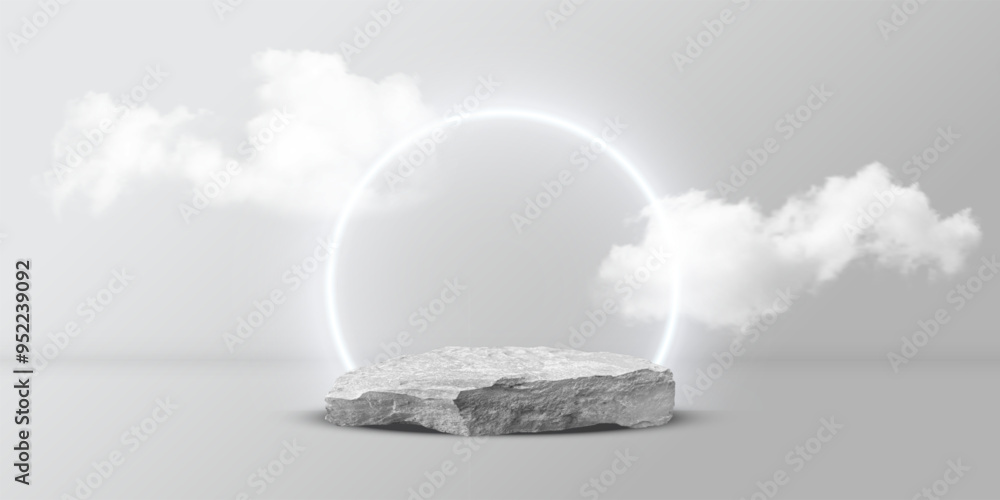 Aufkleber 3d stone podium with white shiny circle frame and clouds vector illustration. abstract realistic sta