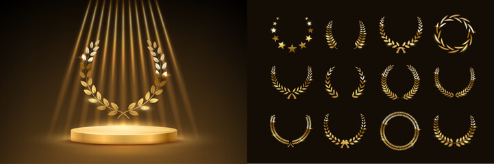 Gold award podium with laurel wreath and set of different golden laurel wreaths vector illustration. Luxury templates for glamour product presentation, winner ceremony.