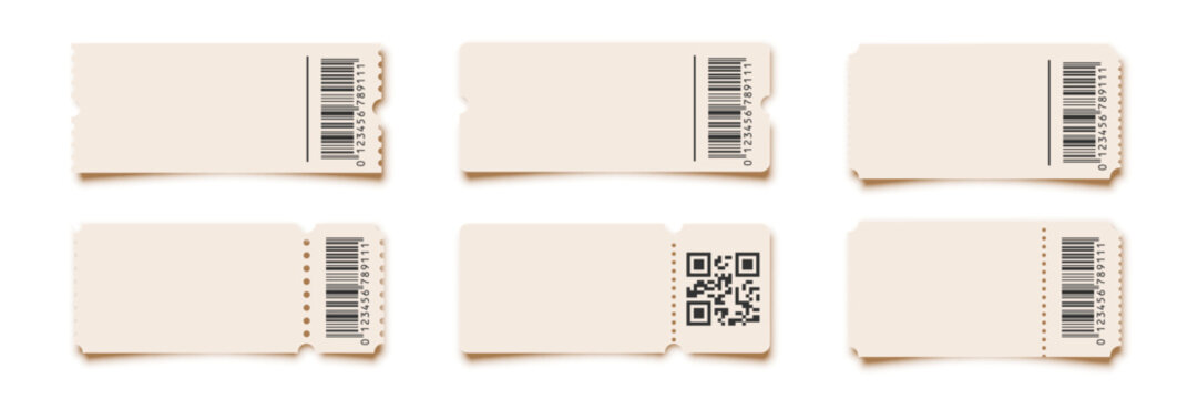 Cinema tickets with barcode. Theater coupon realistic vector templates. Discount voucher mockups. Train, movie, raffle, carnival blank ticket with text space. Concert, event, festival admit layouts.