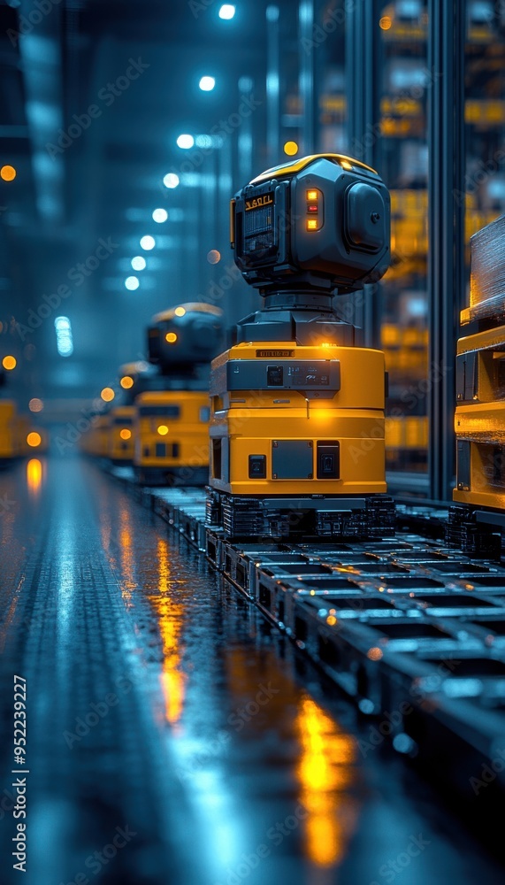 Poster automated robotic warehouse with yellow robots efficiently managing inventory on a reflective floor 