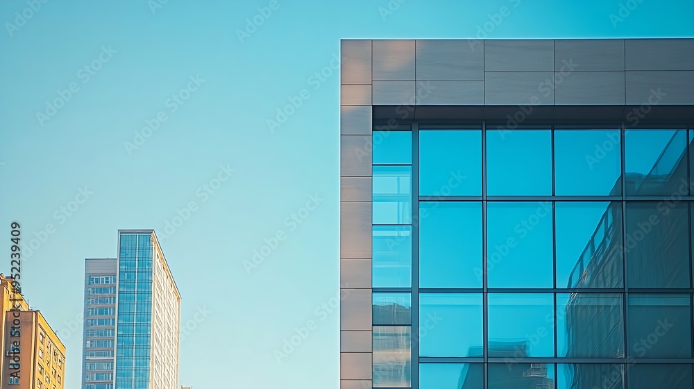 Poster A city skyline with a tall building in the background and a building with a large window on the side : Generative AI
